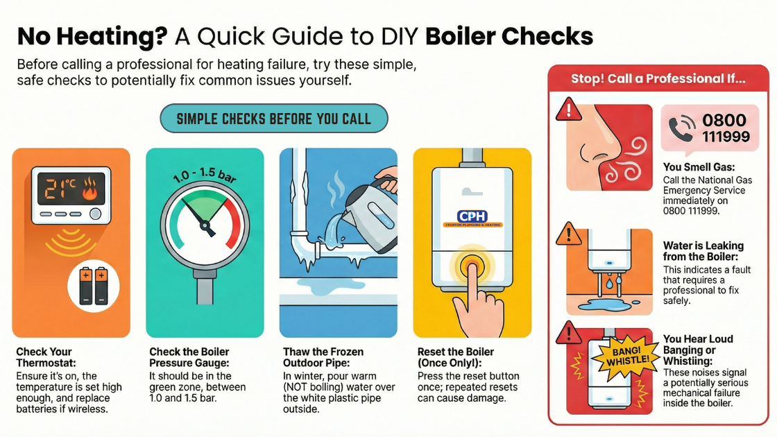 Infographic titled No Heating? A Quick Guide to DIY Boiler Checks. Shows four steps: checking thermostat settings and batteries, ensuring boiler pressure is between 1.0 and 1.5 bar, thawing frozen outdoor condensate pipes with warm water, and resetting the boiler once. Also lists emergency warning signs to call a professional for: gas smells, water leaks, and loud banging noises."
