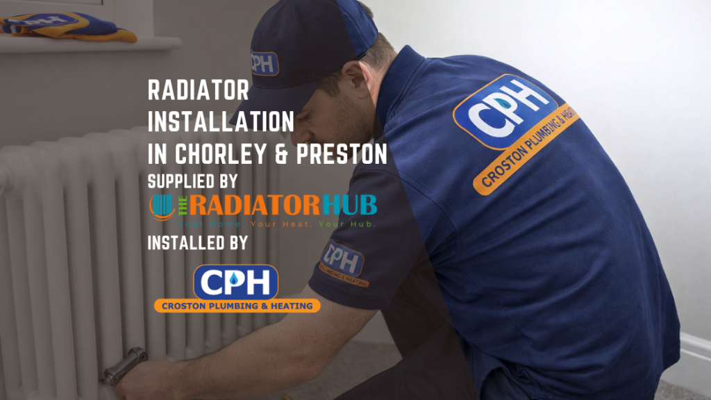 Croston Plumbing & Heating plumber installing a white column radiator in a modern UK home, wearing navy CPH branded uniform and cap.