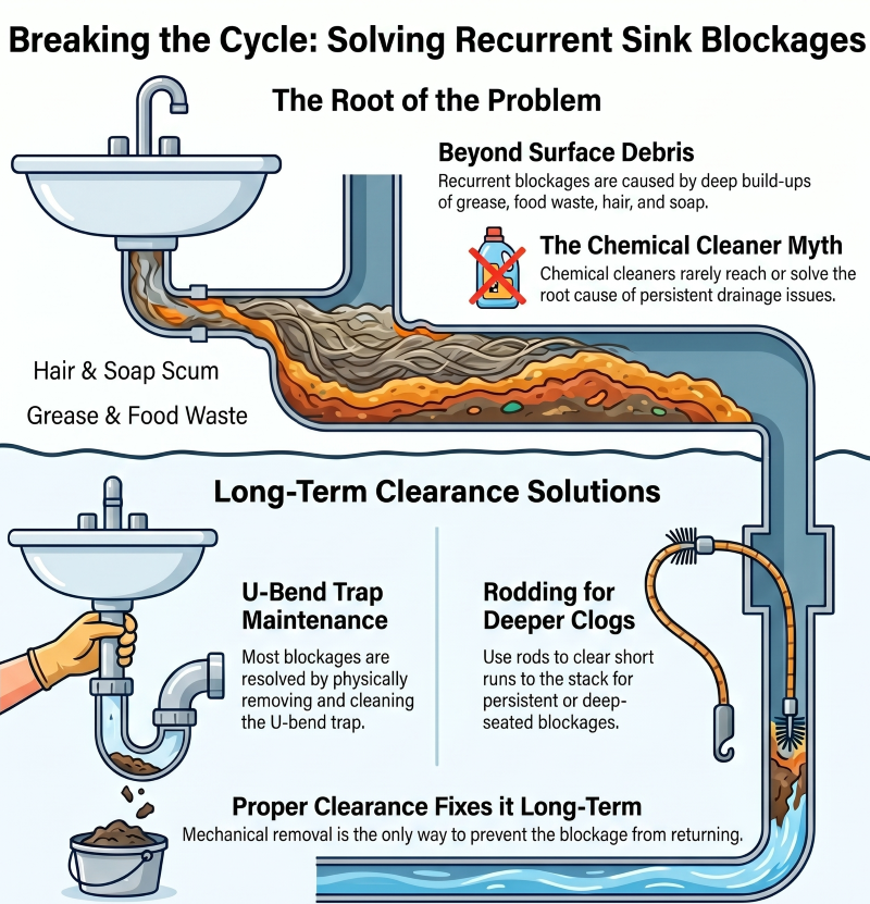 why does my sink keep blocking UK Chorley Preston Leyland causes include grease hair build up and drain blockage plumber advice