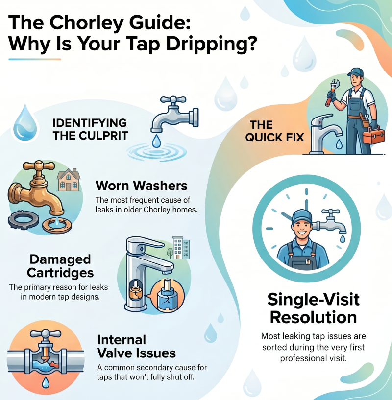 why is my tap dripping Chorley guide leaking tap causes worn washer cartridge repair local plumber Chorley Preston Leyland