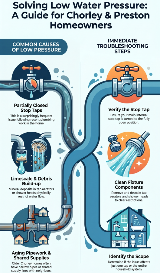 low water pressure repair Chorley Preston Leyland causes stop tap limescale pipework plumber guide Lancashire