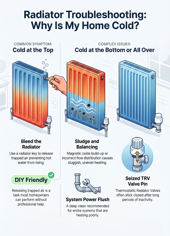 radiator not heating properly Chorley Preston Leyland cold at top bottom sludge TRV valve plumber guide