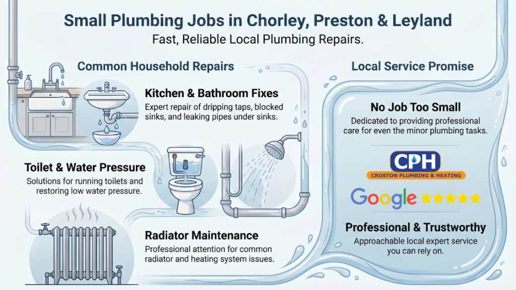 small plumbing jobs Chorley Preston Leyland local plumber repairs leaking taps blocked sinks toilets radiators