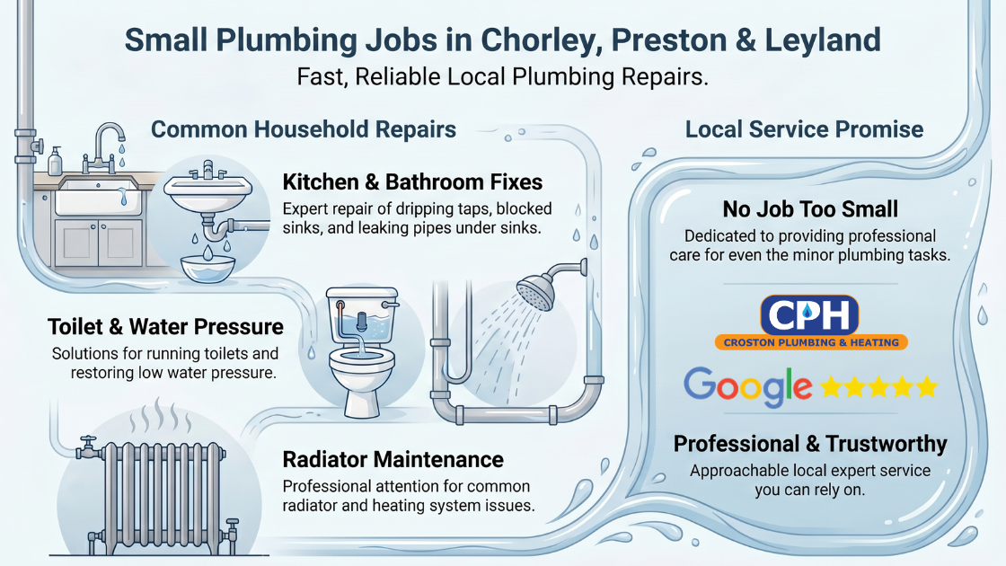 small plumbing jobs Chorley Preston Leyland local plumber repairs leaking taps blocked sinks toilets radiators