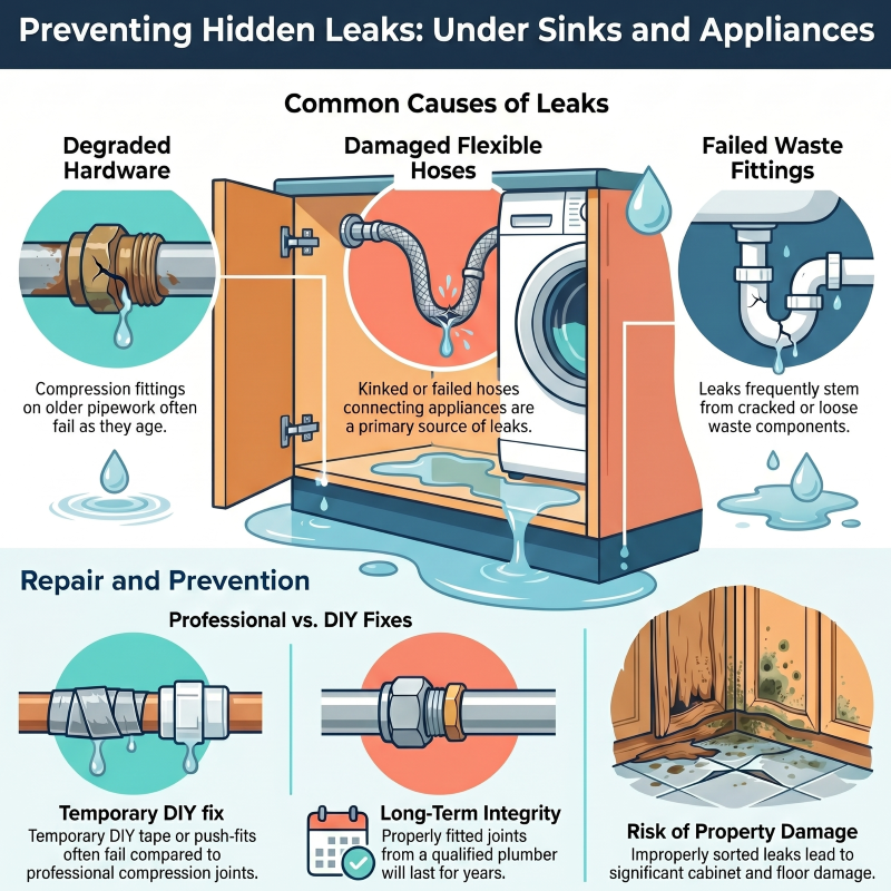 leak under sink repair Chorley Preston Leyland leaking pipes appliance hose leak plumber Lancashire guide
