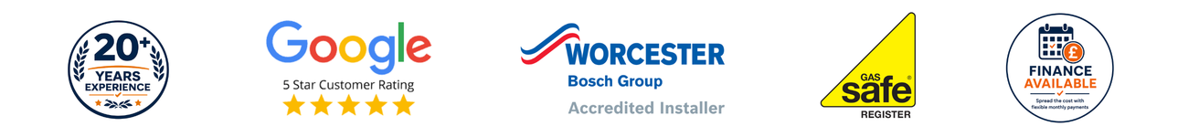 Croston Plumbing & Heating trust badges showing 20+ years of experience, 5-star Google rating, Worcester Bosch Accredited Installer, Gas Safe Registered and finance available.