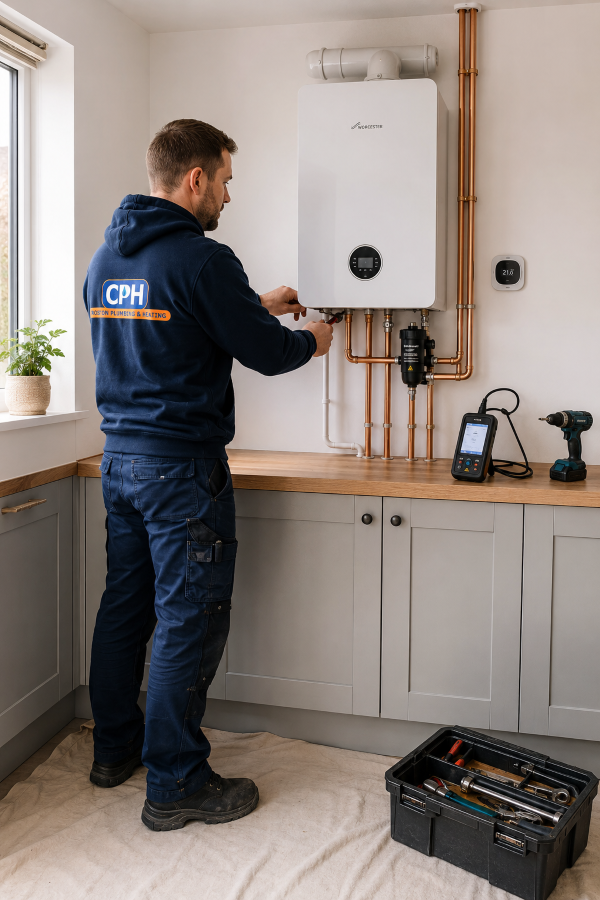 Gas Safe engineer from Croston Plumbing & Heating installing a Worcester Bosch Greenstar 4000 boiler in a modern UK utility room with neat copper pipework.