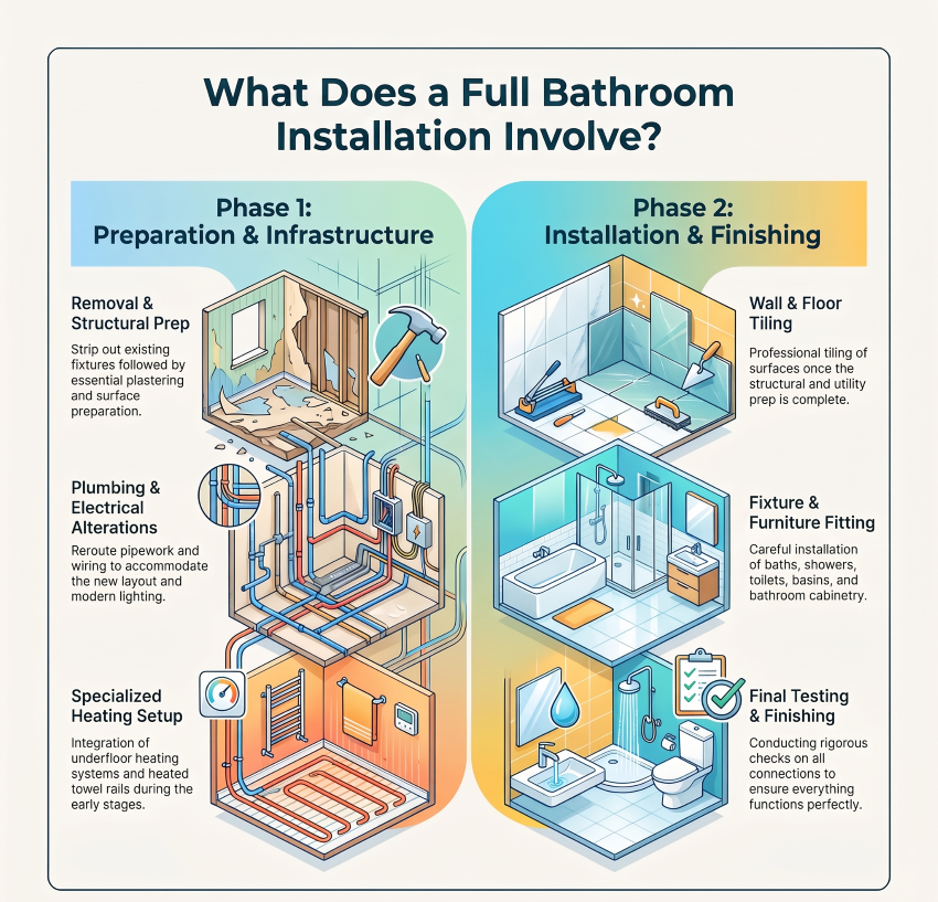 Complete bathroom installation with modern bath, shower and bathroom fittings