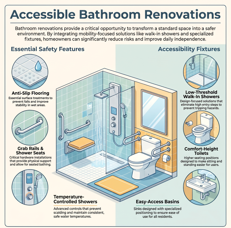Accessible bathroom with low-threshold walk-in shower and grab rails