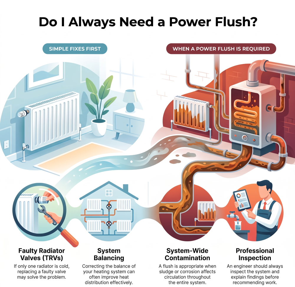 Infographic explaining when a radiator system needs a power flush, with simple fixes and signs of system-wide contamination.