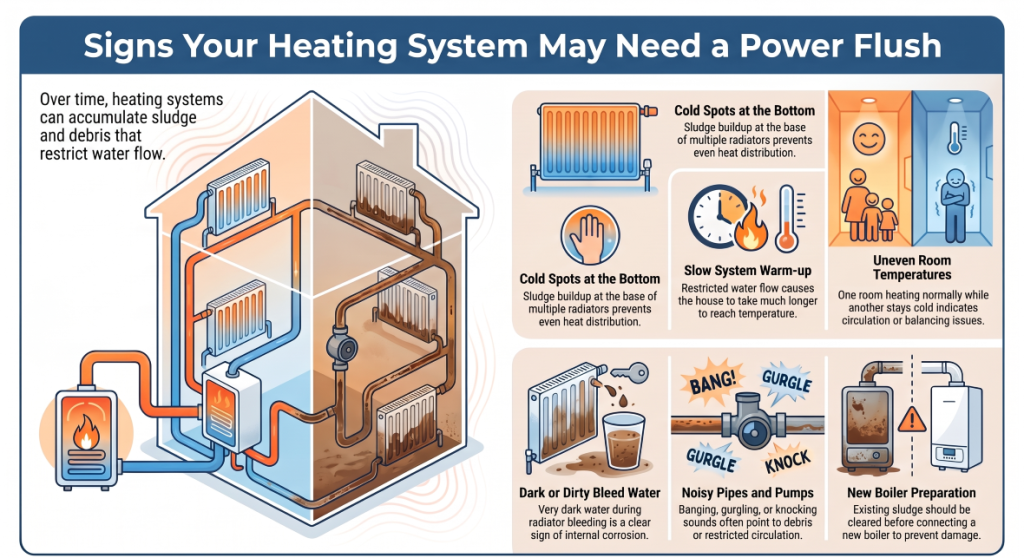 Infographic showing common signs that a central heating system may need a power flush, including cold radiators, slow heat-up times, dark water, unusual noises and uneven room temperatures.