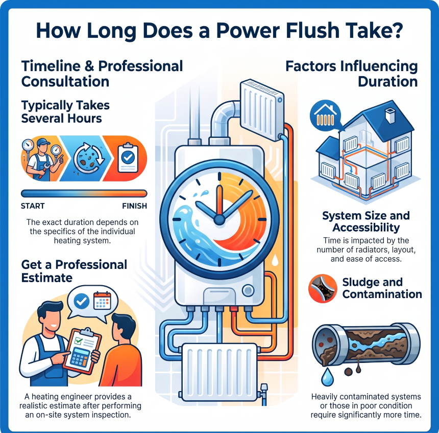 Infographic explaining how long a typical domestic power flush takes and what factors affect the duration.