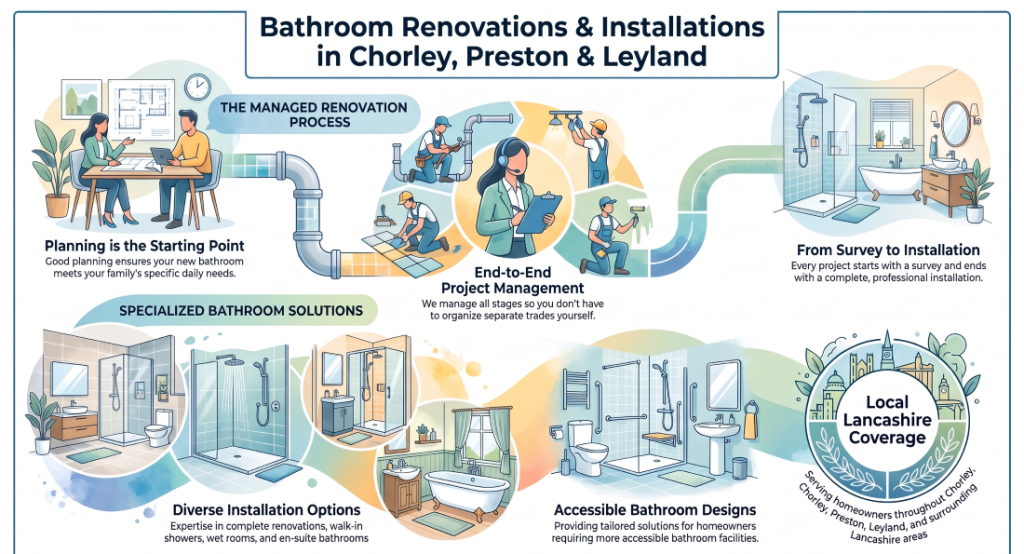 Infographic detailing the bathroom renovation process and services offered across Chorley, Preston, and Leyland, from initial planning to completed installations.