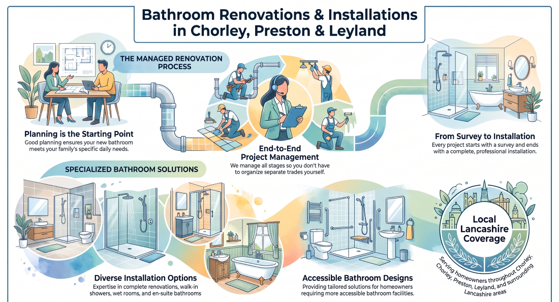 Infographic detailing the bathroom renovation process and services offered across Chorley, Preston, and Leyland, from initial planning to completed installations.