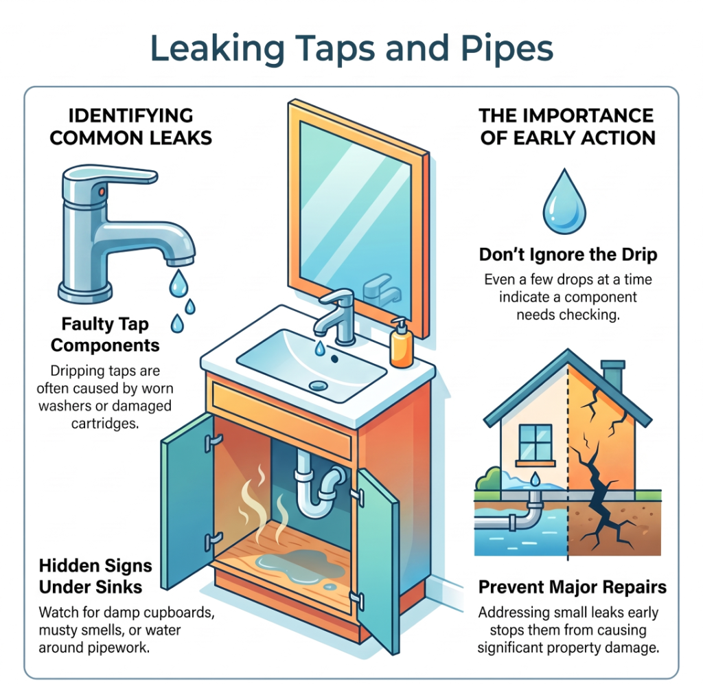 Plumber repairing a leaking tap and pipework
