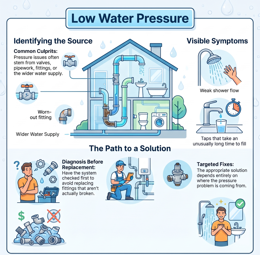Plumber checking low water pressure in a home