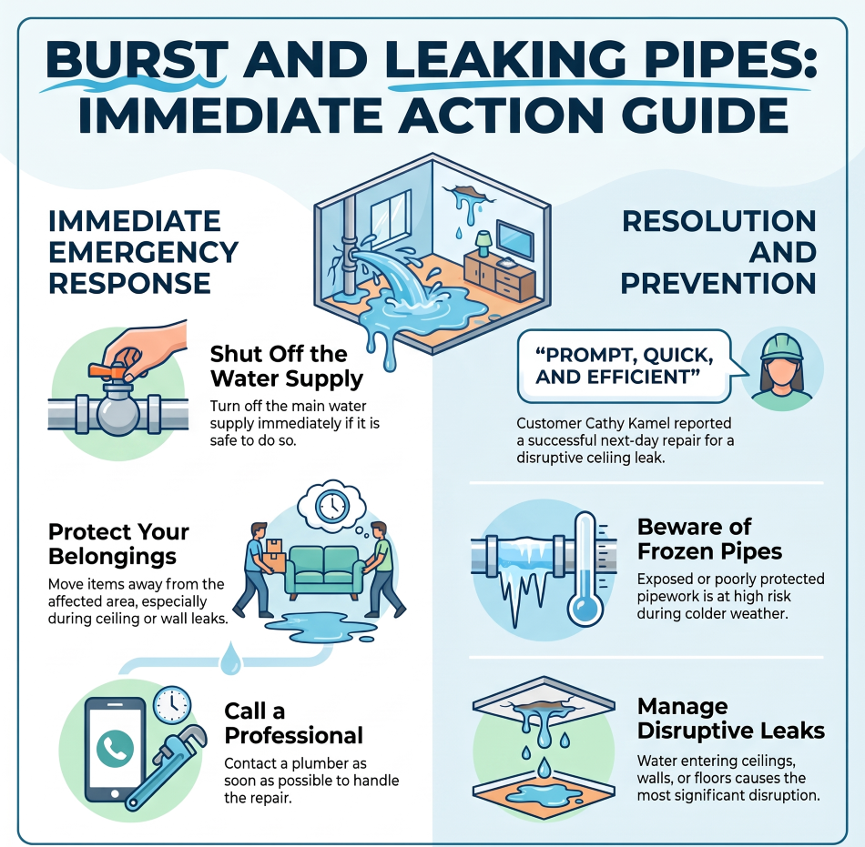 Plumber repairing a burst or leaking pipe