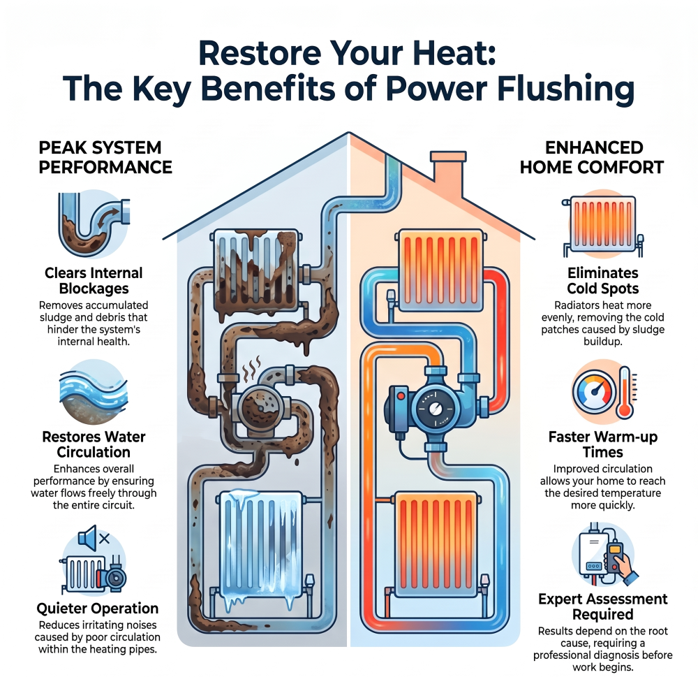 Infographic listing the benefits of power flushing, including better heat distribution, improved circulation, fewer cold spots, and removal of sludge and debris.