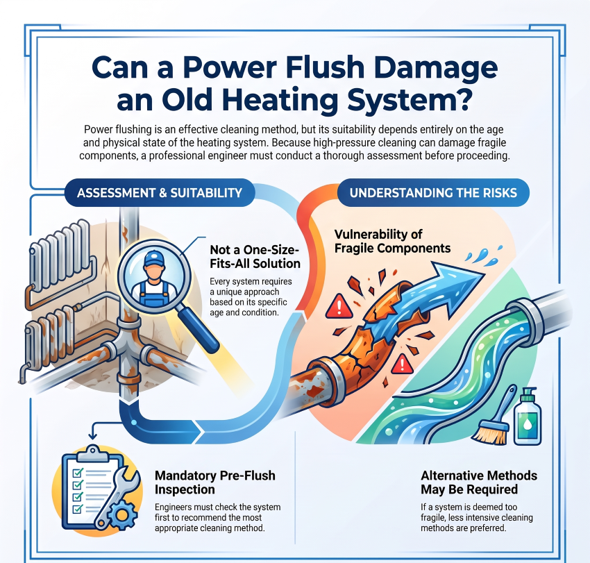 Infographic explaining whether power flushing can damage an old heating system and why its condition should be checked first.