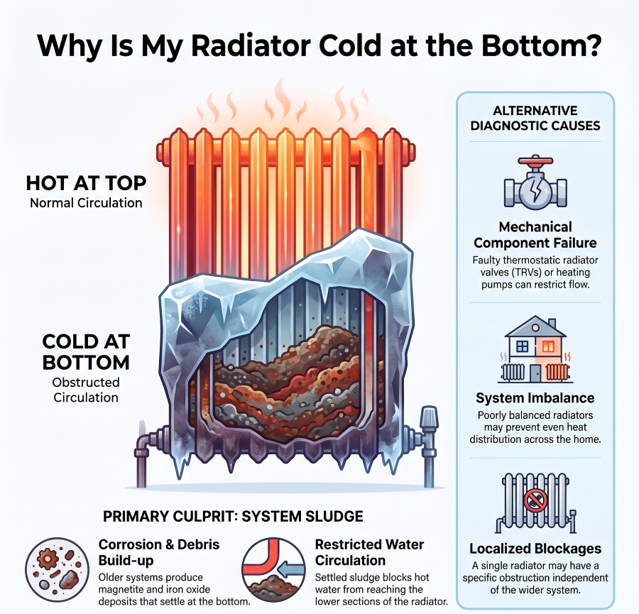 Radiator cold at the bottom due to sludge and corrosion buildup, with alternative causes including faulty valves, poor balancing and circulation problems.