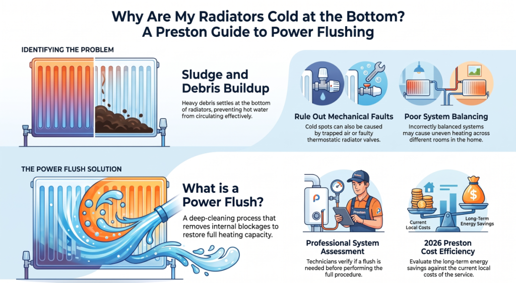 Radiators cold at the bottom due to sludge and debris, with power flushing solution