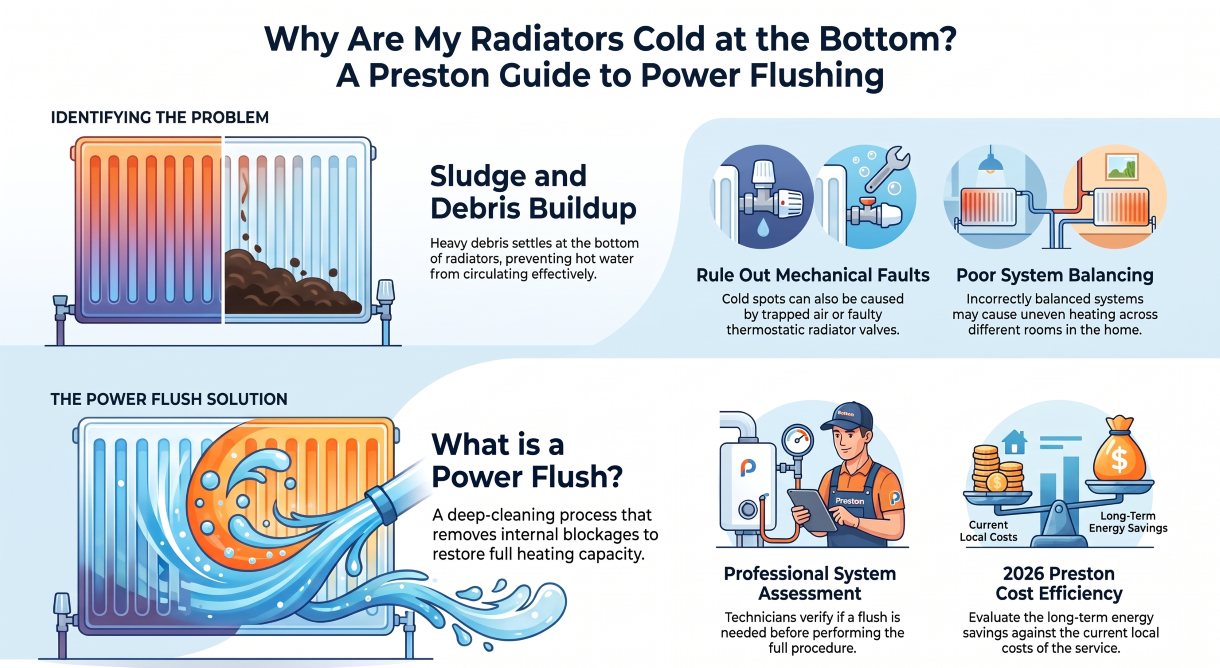 Radiators cold at the bottom due to sludge and debris, with power flushing solution