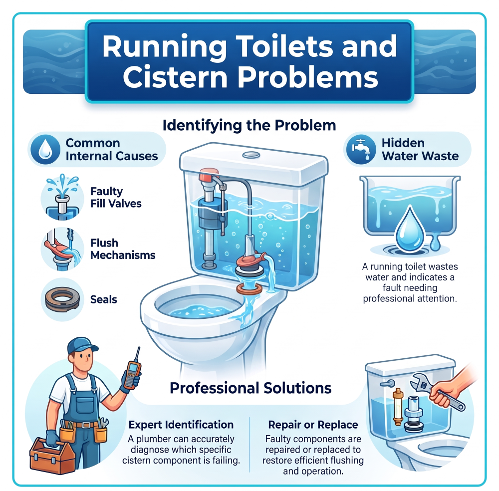 Plumber repairing a running toilet cistern