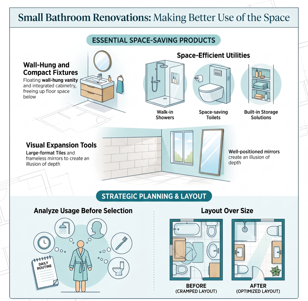 Small bathroom renovation with walk-in shower and space-saving furniture