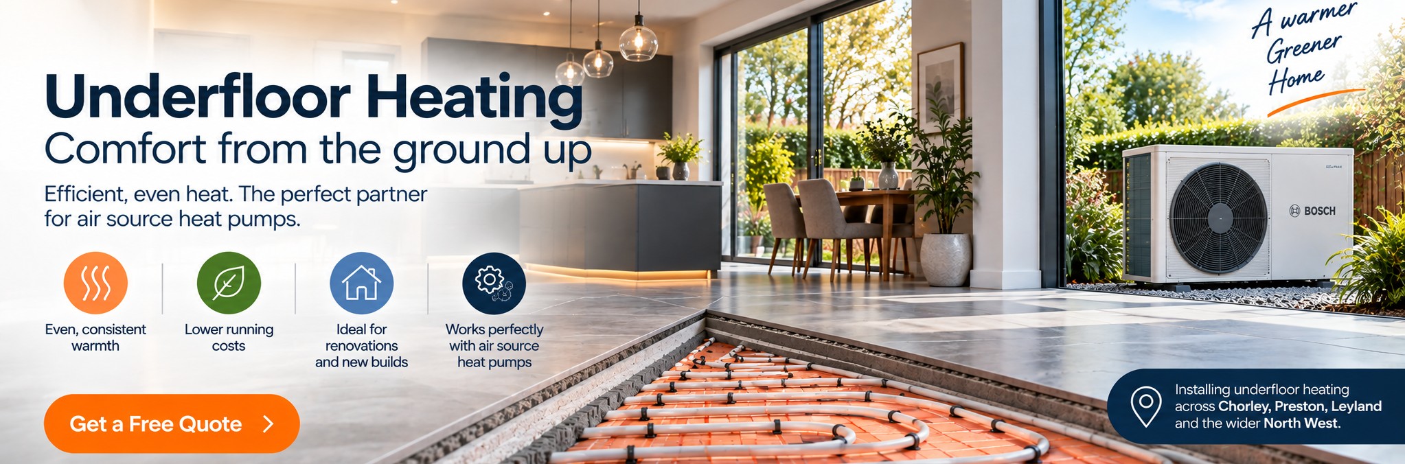 Underfloor heating system in a modern home with an air source heat pump, serving Chorley, Preston, Leyland and the North West.
