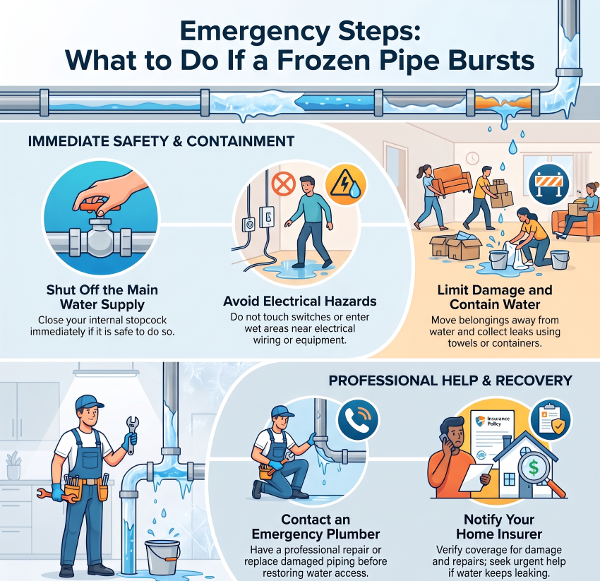 What to do if a frozen water pipe bursts, including shutting off the water, avoiding electrical hazards and contacting a plumber