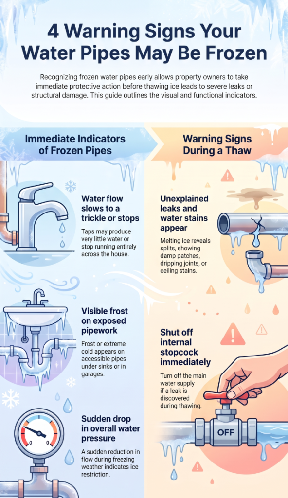 Four warning signs of frozen water pipes, including low water flow, frost on pipes and leaks after thawing