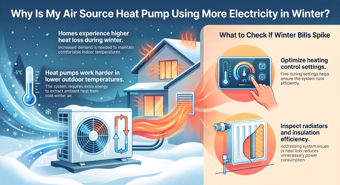 Air source heat pump outdoor unit during winter