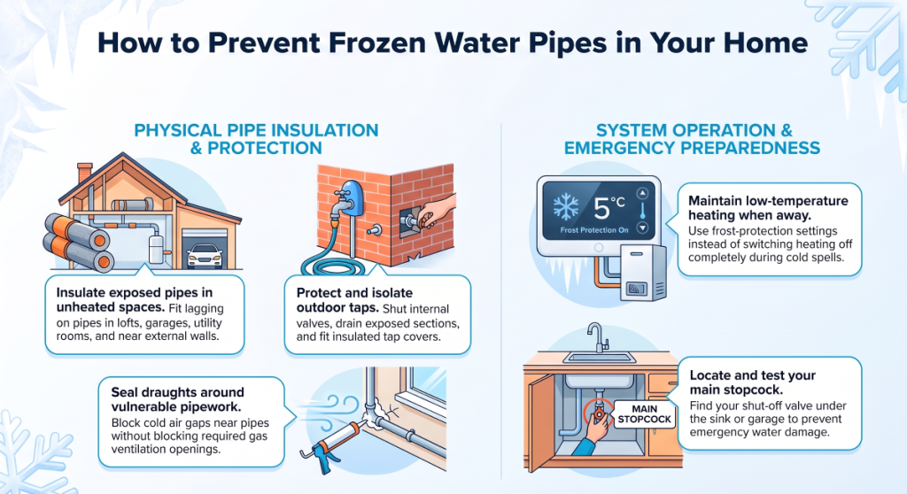 Five ways to prevent frozen water pipes, including pipe insulation, outdoor tap protection and keeping your home heated