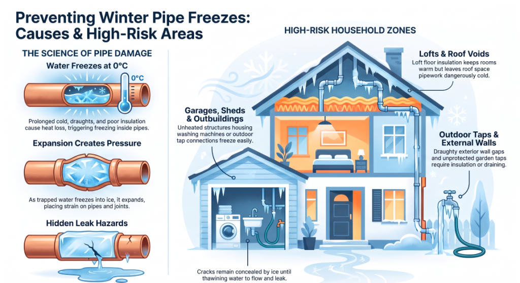 Common causes of frozen water pipes in winter, including lofts, garages, external walls and outdoor taps