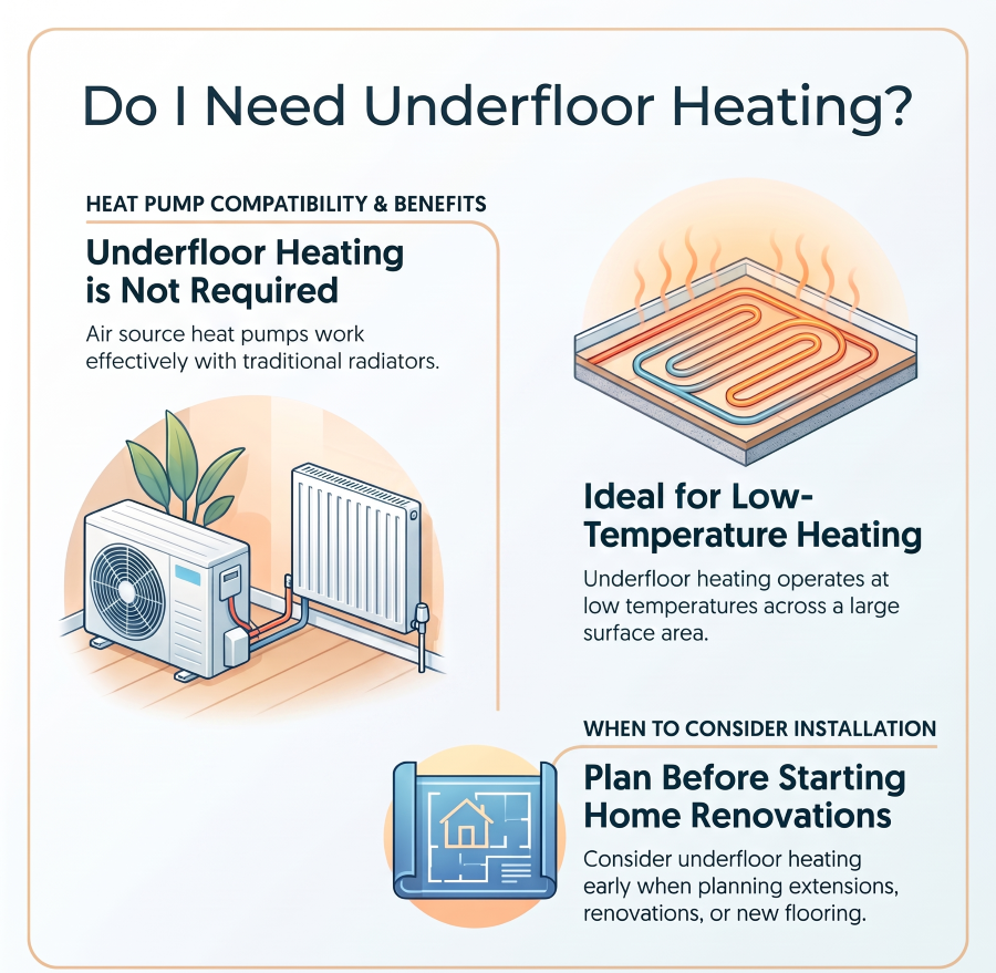 Underfloor heating system compatible with an air source heat pump.