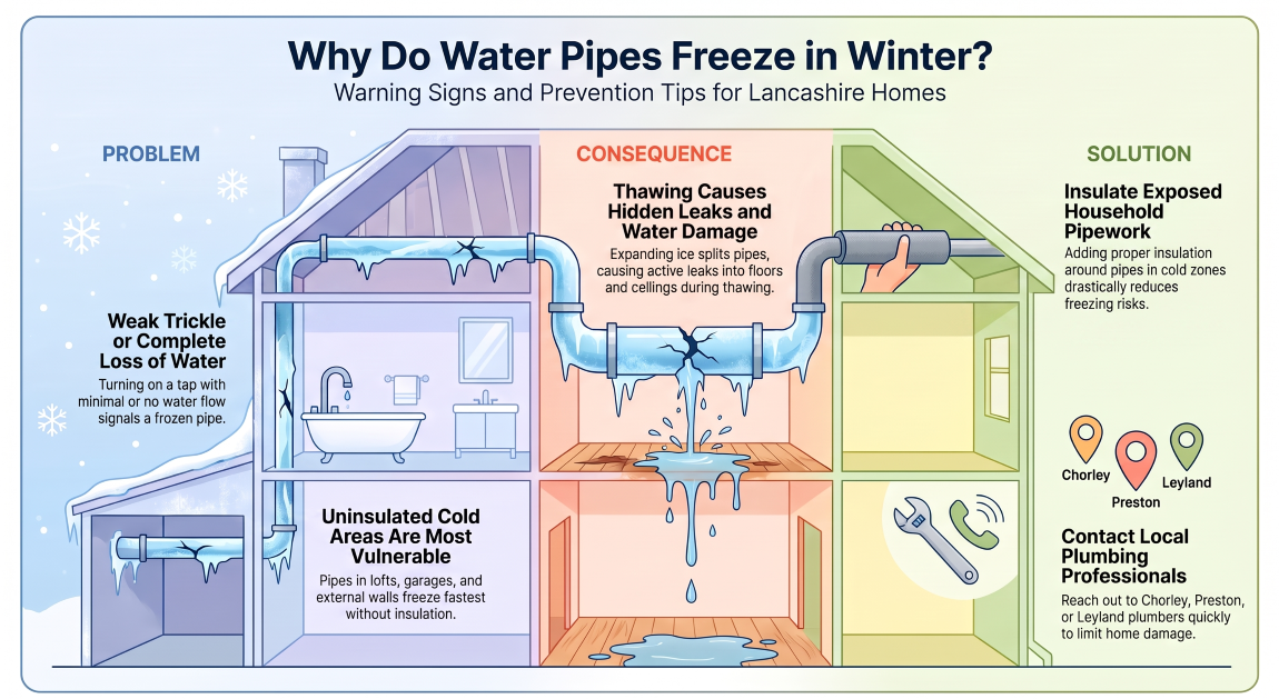 Frozen water pipes in winter and tips to prevent burst pipes in Lancashire homes